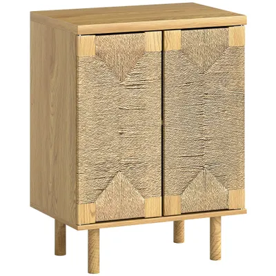 HOMCOM Bufet boem cu 2 uși cu sfoară împletită manual, raft reglabil, deschidere prin apăsare, stejar, 60x40x78 cm | Aosom Romania