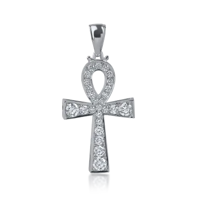 Pandantiv cruce egipteana din aur alb cu diamante de 0.78ct
