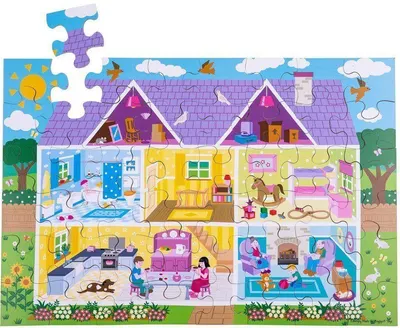 Puzzle de podea din lemn Bigjigs - Casă de păpuși, 48 piese