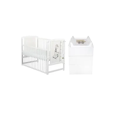 Set mobilier pentru copii, BabyNeeds: Patut din lemn de pin si MDF, cu laterala culisanta, somiera reglabila in 3 trepte, Timmi Girafa, 120x60 cm + Saltea cocos-burete-cocos, 12 cm + Comoda cu masuta de infasat, Alb