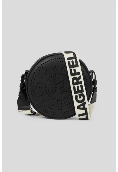 Geanta crossbody de piele cu detalii perforate - Alb fildes/Negru