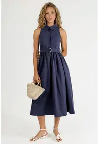 Rochie midi - decolteu in V - cu cordon - bleumarin - poliester-bumbac