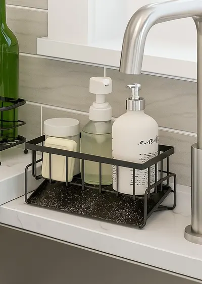 Suport pentru burete, de blat, negru, design rafinat si compact, ideal pentru bucătărie si baie