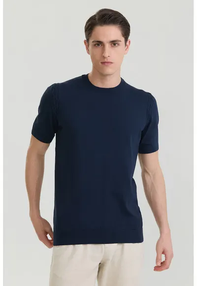 Tricou tricotat fin din bumbac - Bleumarin
