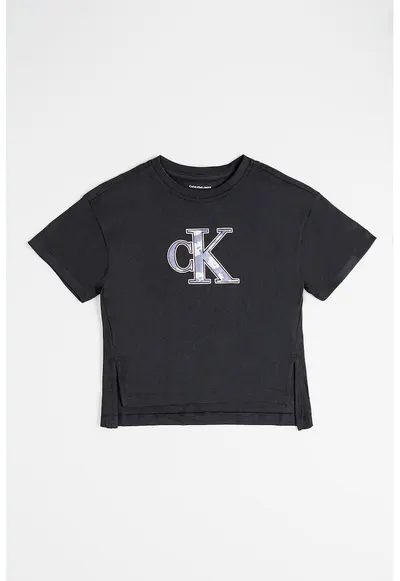 Tricou cu decolteu la baza gatului si imprimeu logo - Negru/Roz/Violet pruna