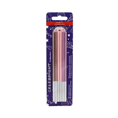Set 6 lumânări drepte, pentru tort, Celebright, nuanțe metalizate roz și mov, bază albă, 15 cm