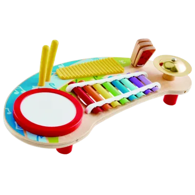 Jucarie muzicala All in One Play Board, cu tambur, xilofon, clapeta si percutii. Hape E0612