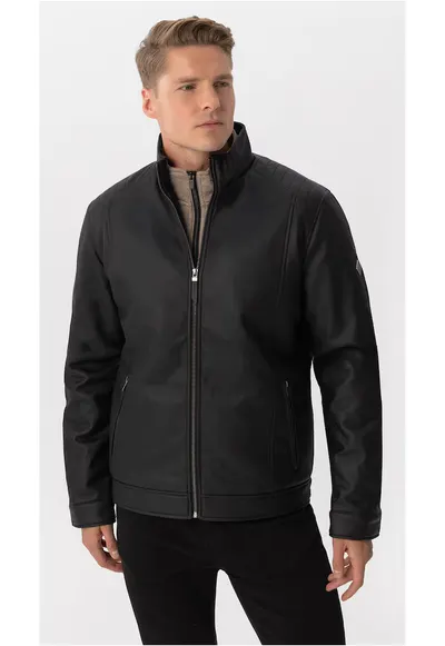 Geaca de piele ecologica - barbati - cu buzunare cu fermoar - J-Nino - Neagra - Negru