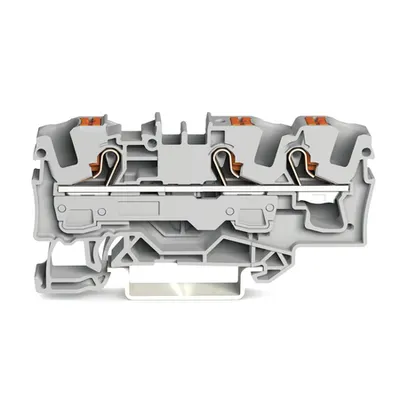 3-conductor through terminal block; with push-button; 6 mm²; with test port; side and center marking; for DIN-rail 35 x 15 and 35 x 7.5; Push-in CAGE CLAMP®; 6,00 mm²; gray