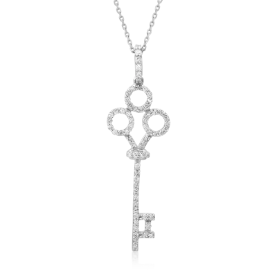 Lant cu pandantiv cheie din aur alb cu diamante de 0.18ct