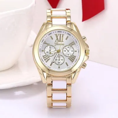 Ceas dama Quartz, Geneva Stylish, Auriu cu Alb