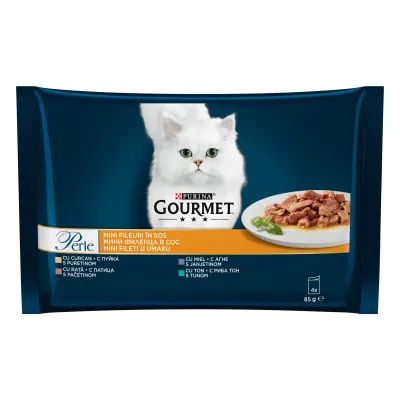 Hrana umeda pentru pisici Gourmet Perle, Curcan, Rață, Miel, Ton, în sos, 4x85g 4x85g