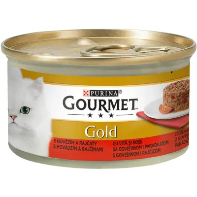 PURINA Gourmet Gold Savoury Cake, Vită cu Roșii, conservă hrană umedă pisici, (bucăți de carne), 85g