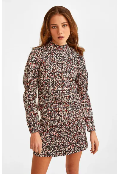 Bluza cu model si guler scurt - Negru/Rosu vermillion/Crem