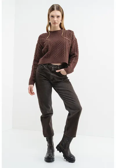 Pulover din amestec de lana cu model torsade - Maro