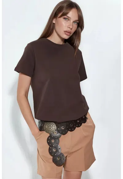 Tricou dama - simplu - scurt - maro - bumbac si elastan