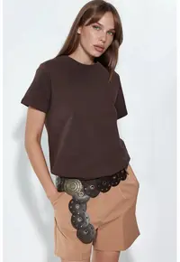 Tricou dama - simplu - scurt - maro - bumbac si elastan