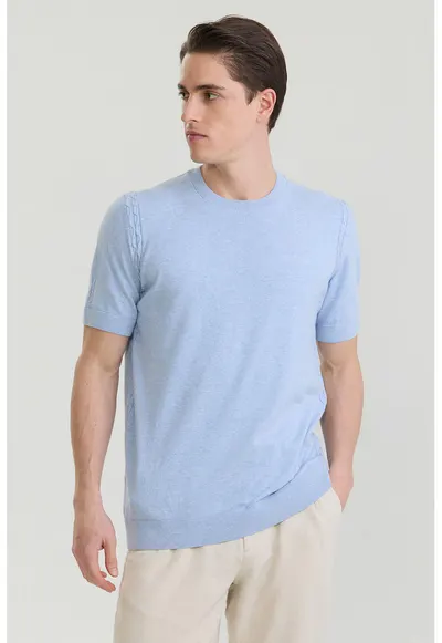 Tricou tricotat fin din bumbac - Albastru deschis