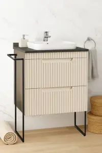 Set Baza front MDF si Lavoar seria 633, cu sertare, cadru metalic, montat, 60 cm, crem