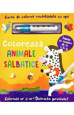 Carte de colorat cu apa. Reutilizabila: Coloreaza animale salbatice