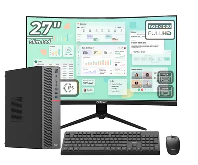 Sistem Desktop Office OptimX T5 SFF cu procesor Intel Core i5-10400, 16GB DDR4, 512GB SSD, Win11 Pro și Monitor Curbat 27" FHD, IPS, LED + kit tastatura si mouse Pro KM500 cu fir