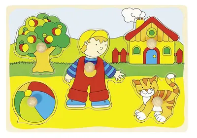 Puzzle din lemn cu manere Goki - Casa, pisica, baiat si minge