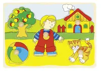Puzzle din lemn cu manere Goki - Casa, pisica, baiat si minge