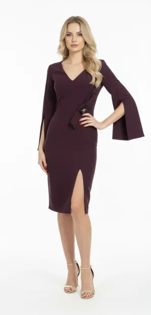 Rochie de ocazie midi dreapta crapata pe picior si maneci ample