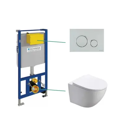 Set vas wc vortex suspendat Foglia Oslo cu rezervor incastrat Schwab si clapeta de actionare crom lucios Schwab Vela