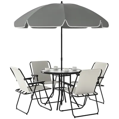 Outsunny Set de Mobilier de Grădină din 6 Piese cu Umbrelă de Soare, Masă și Scaune Pliante, Ф80x70 cm, Alb Crem | Aosom Romania