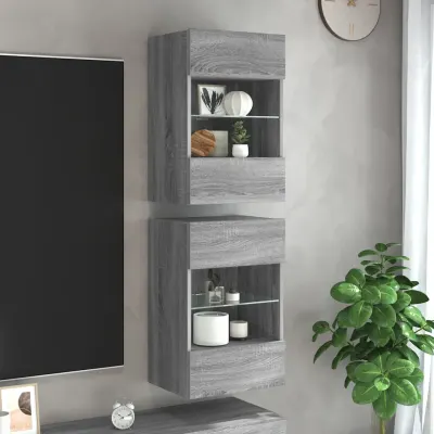 vidaXL Comode de perete cu lumini LED pentru TV, 2 buc, gri sonoma, 40x30x60,5 cm