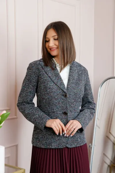 Sacou dama Dorothy din tweed bleumarin multicolor cu nasturi decorativi