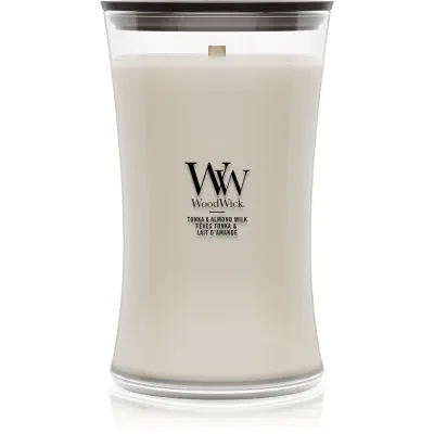 Woodwick Tonka & Almond Milk lumânare parfumată cu fitil din lemn 610 g