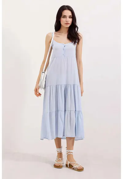 Rochie midi dama - HiCCUP - lejera - decolteu patrat - poliester - albastru deschis