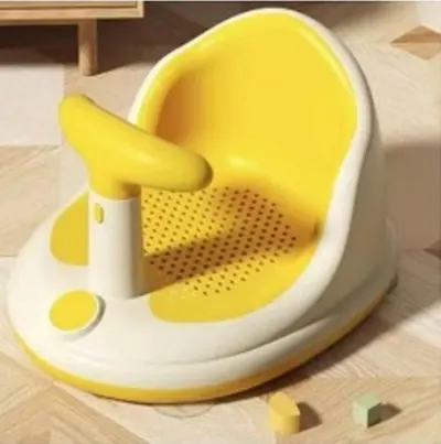 Scaunel de baie pentru bebelusi Little Mom Bubble Yellow, multifunctional, ergonomic cu maner de sustinere, orificii pentru drenaj, spatar si sezut antiderapant, laterale deschise, dimensiune 39,5 x 30,8 x 22 cm
