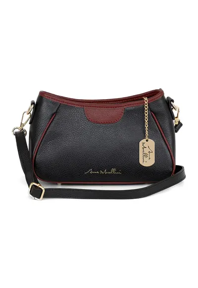 Geanta crossbody de piele cu garnituri contrastanta - Visiniu/Gri carbune
