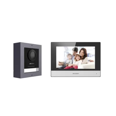 Kit videointerfon IP WiFi Hikvision DS-KIS602(B), 7 inch, 2 MP, PoE, IR 3 m, switch 4 porturi, 5 TAG proximitate, slot card, 1 familie
