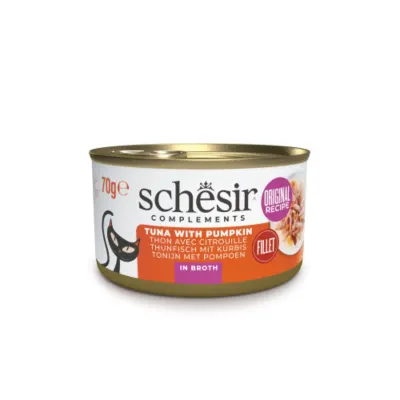 SCHESIR Complementary In Broth, Ton și dovleac, conservă hrană umedă pisici, (în supă), 70g