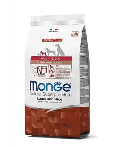 MONGE Mini Puppy&Junior hrană uscată pentru cățeluși de talie mică, cu miel și orez 2,5 kg