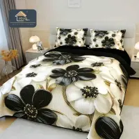 Cuvertura Matlasata, Bumbac Finet, cu Imprimeu 5D, 220x240cm + 2 fete de perna 50x70cm, Crem, Negru, Flori