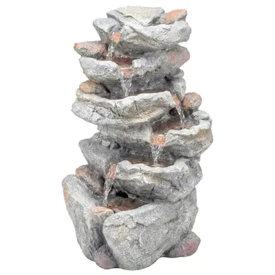 Outsunny Fântână de exterior cu design de rocă în 6 niveluri, cascadă de apă cu lumini LED, debit reglabil, gri | Aosom Romania