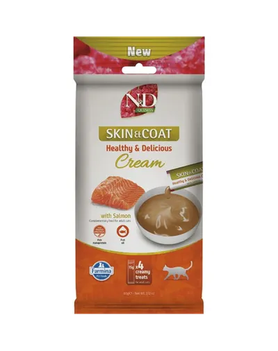 Recompensă cremoasă cu somon FARMINA N&D Quinoa Skin & Coat 4x15 g pentru pielea și blana pisicilor adulte
