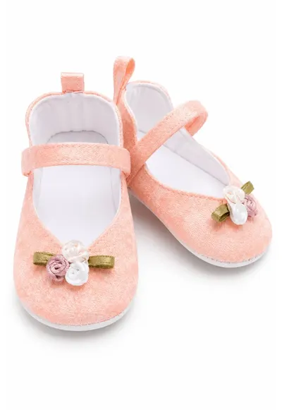 Balerini bebe roz piersica eleganti cu floricele decorative pentru fetite
