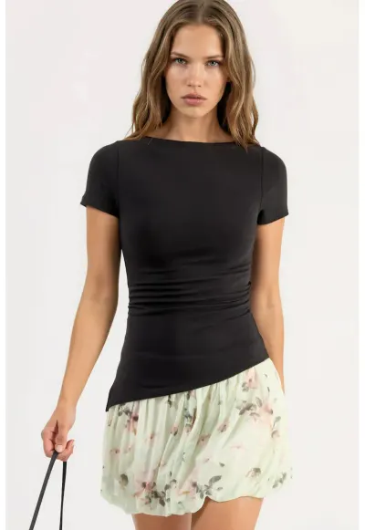 Bluza dama - Slim Fit - guler barca - negru - bumbac-poliester
