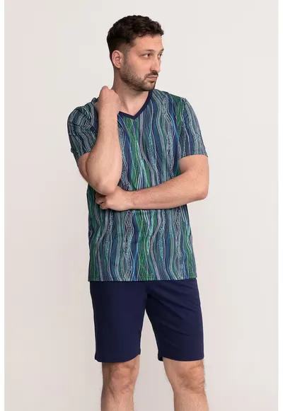 Pijama cu decolteu in V si pantaloni scurti Noah - Verde/Violet/Bleumarin
