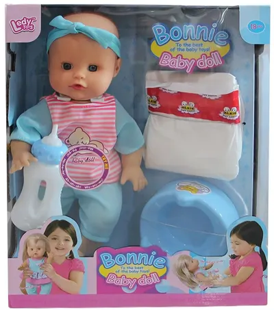 Păpușă-bebe care face pipi Raya Toys - Bonnie, cu accesorii, in albastru