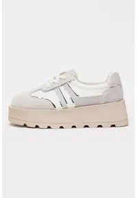 Pantofi sport flatform din piele nabuc cu garnituri de material textil - Alb/Gri deschis