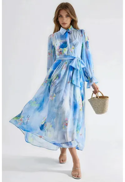 Rochie tip camasa maxi - imprimeu abstract - poliester/lycra - albastru