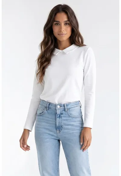 Bluza din bumbac cu guler clasic si inchidere cu fermoar - M1376 - Ecru