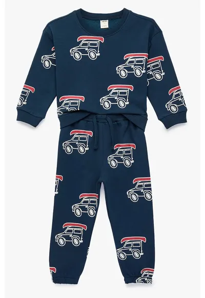 Pijama din amestec de bumbac cu pantaloni lungi si model cu masini - Alb optic/Rosu vermillion/Bleumarin